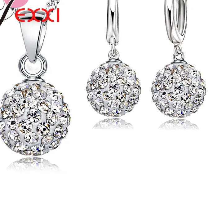 Authentic 10 Color Jewelry Sets 925 Sterling Silver Austrian Crystal Pave Disco Ball Lever Back Earring Pendant Necklace Woman