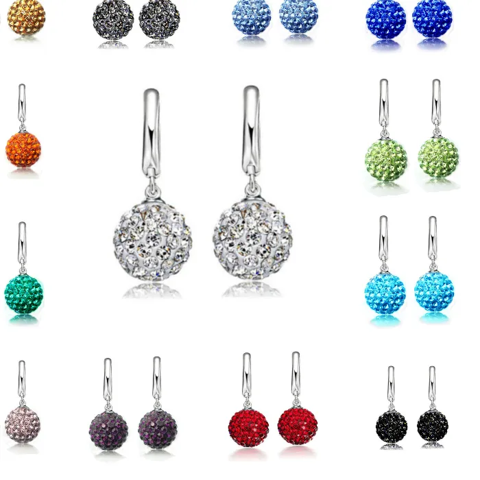 Authentic Qianbei Multi Color 1 Pair Real Pure 925 Sterling Silver Austrian Pave Disco Ball Hoop Lever Back Earring Woman Jewelry