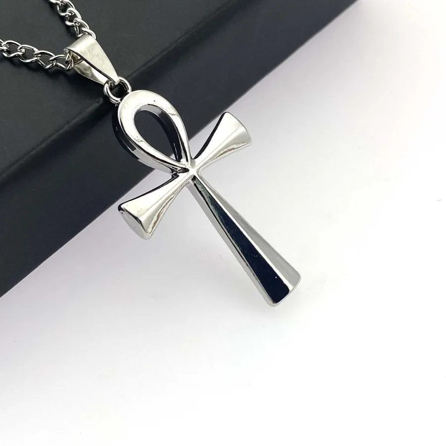 Authentic Trend Sliver Color Round Handle Cross Ancient Egypt The Symbol of Life Pendant Necklace for Women Amulet Jewelry