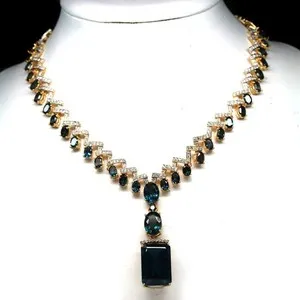 Authentic Thai Handmade 925 Silver London Blue Topaz Zircon Necklace 20 in 18K Gold Plated