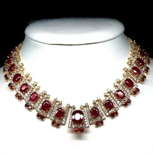 Authentic Handmade 925 Silver Red Ruby Zircon Necklace 16.5 in 18K Gold Plated