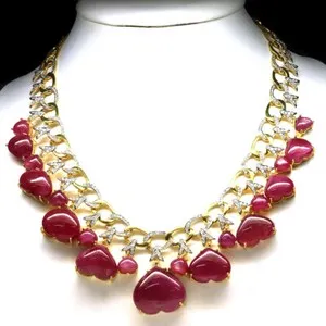 Authentic 925 Silver Red Pink Ruby & Zircon Necklace 23" 18K Gold Plated