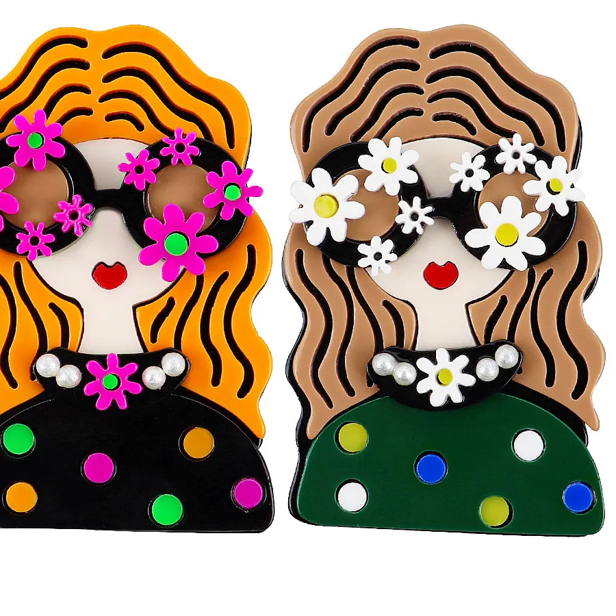 Authentic Flower Glasses Lday Acrylic Brooches for Women Cute Long Hair Female Brooch Badge Pins Casual Jewelry Cutsome Accessories