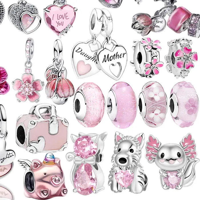 Authentic Original Pink Cherry Blossom Stamp Hot Air Balloon Travel Pendant Charms Beads DIY Women Jewelry Beads Fit Bracelets