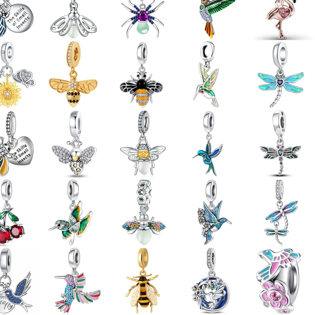 Authentic S925 Silver Insect Dangle Charms Bee Dragonfly Hummingbird Spider Butterfly Cherry Fit Bracelet DIY Women Jewelry