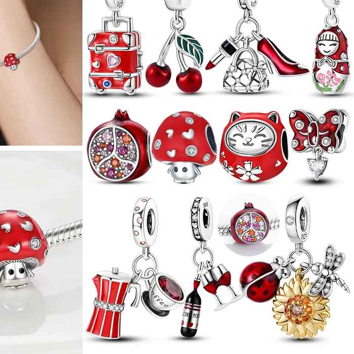 Authentic 925 Sterling Silver Red Charms Beads Pendant Cherry Cat Bear Charms Fit Original Bracelet Necklace Diy Jewelry