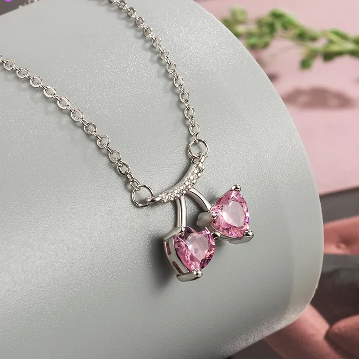 Authentic Shydan 925 Silver Pink Zircon Heart Cherry Pendant Necklace Jewelry