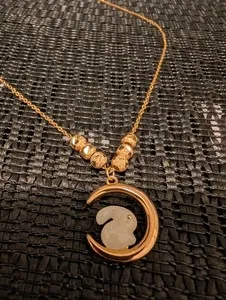 Authentic Celestial Lunar Hare Gold-Plated White Jade Crescent Talisman