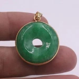 Authentic Yellow Gold-Plated Handmade Green Jade Round Pendant 35*26MM