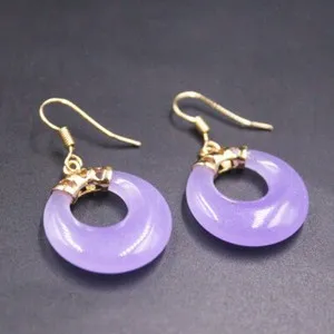 Authentic Celestial Resonance Blue and Purple Jade Sacred Circle Gold-Plated Dangle Earrings