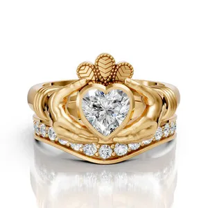 Authentic Heart of Eternity: Moissanite Claddagh Bridal Ring Set, Sterling Silver Harmony