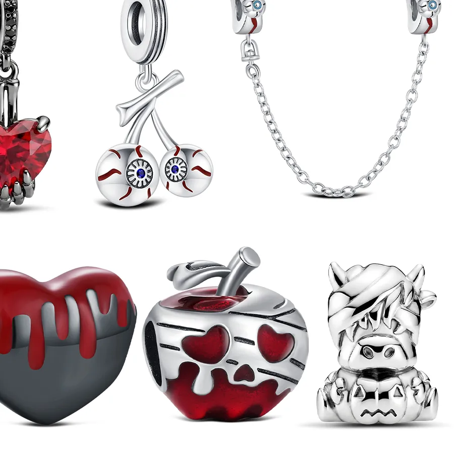 Authentic 925 Sterling Silver Dark Gothic Blood Halloween Charm Skeleton Hand Red Heart Apple Beads Fit Original Snake Bracelet