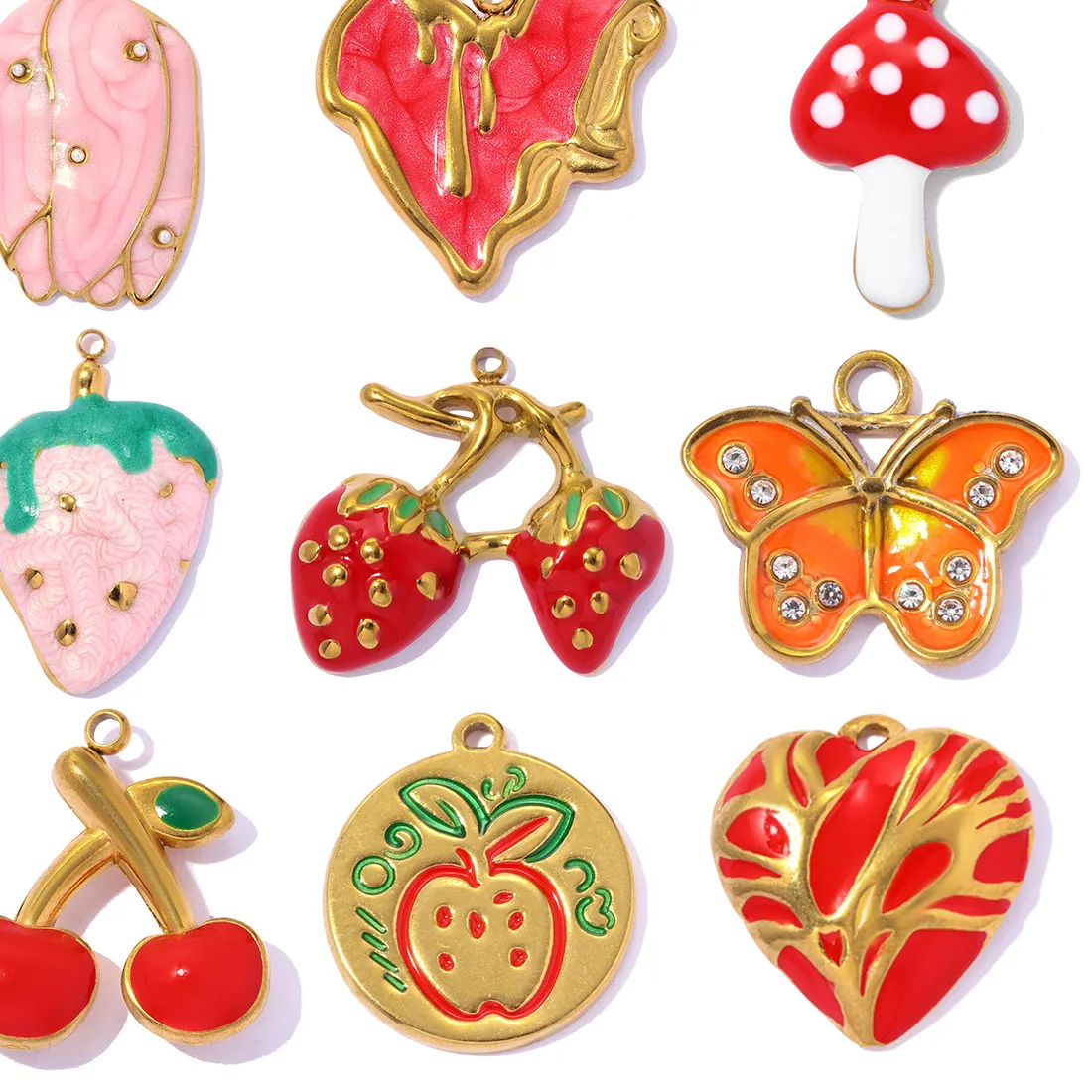 Authentic 3pcs/Lot Enamel Apple Strawberry DIY Charms Cherry Mushroom Necklace Pendants Butterfly Shoe Accessory