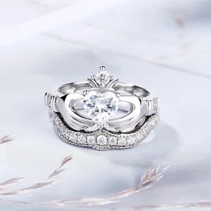 Authentic 1.50Ct Heart Cut Moissanite Crown Claddagh Engagement Ring 14K White Gold Plated