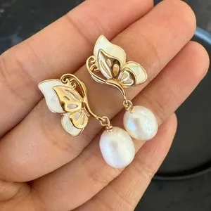 Authentic Butterfly Wings of Elegance: 14K Gold Plated Freshwater Pearl Earrings