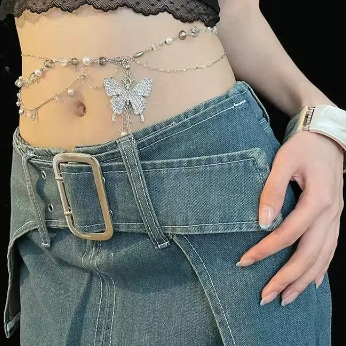 Authentic Y2k Butterfly Waist Chain for Women Multilayer Pearl Tassel Metal Crystal Body Belly Chains Summer Beach Party Jewelry Gifts