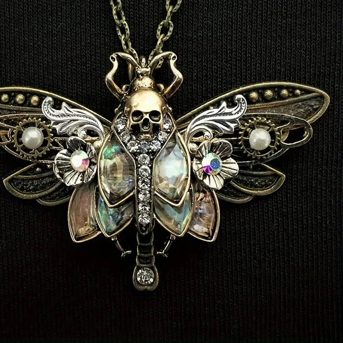 Authentic Vintage Boho Moth Pendant Necklace with Skull, for Women, Daily Wear, All Seasons - Creative Halloween