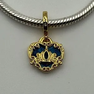 Authentic Disney Pandora Cinderella Dream Heart Pendant 14k Gold Plated Blue Enamel
