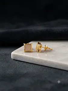 Authentic S925 Silver, Gold Plated Square Cubic Zirconia Stud Earrings, Butterfly Back