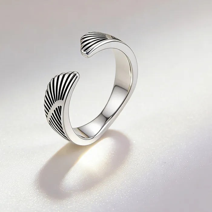 Authentic Retro Wing Personalized 925 Sterling Silver Jewelry Creative Hip-hop Feather Opening Rings 02880