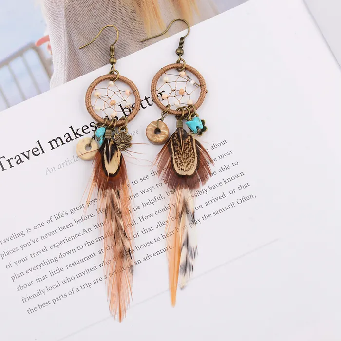 Authentic Bohemian Style Earrings 2023 Ethnic Dream Catcher Long Tassel Feather Earrings Jewelry