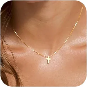 Authentic Cross Necklace for Women, Dainty 14K Gold Plated Cross Pendant Simple Long Neckl