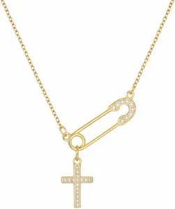 Authentic Gold Cross Necklace for Women, 14K Gold Plated Dainty Charm Necklaces, Safety Pi