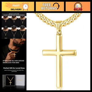 Authentic Sterling Silver Cross Necklace for Men, Gold Plated with Cuban Link Chain 16-26
