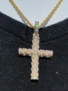 Authentic Braided Rope Cross 1ct CZ W. Chain 1x2" Pendant 14k Gold Plated Solid 925 Silver