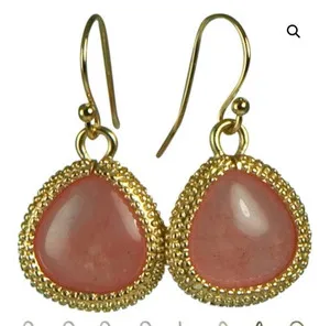 Authentic ROSE QUARTZ 14KT GOLD PLATED DANGLE FRENCH WIRE EARRINGS HAMPTOM GEMS NWT