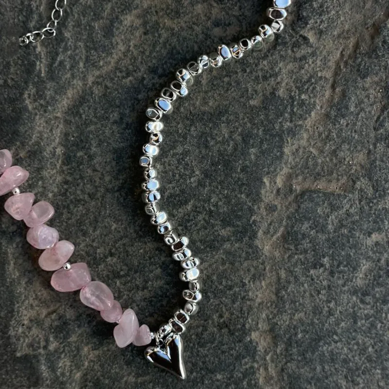 Authentic Elegant Irregular CCB &Pink Stone Beads Chain Heart Pendant Necklace For Women Choker Dinner Party Valentine's Jewelry N0498