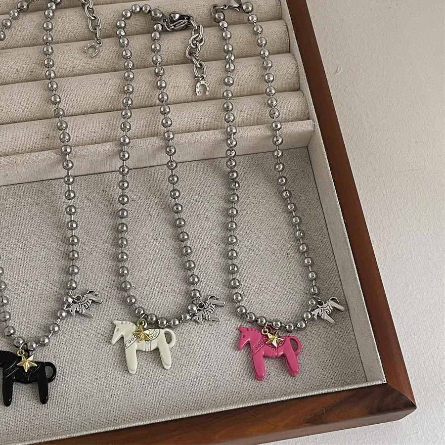 Authentic LATS White Black Green Blue Pink Color Enamel Colt Horse Pendant Necklaces for Women Silver Plated Beads Chain Chokers