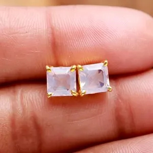 Authentic Natural Lavender Quartz Octagon Stud Earrings Gold Plated Solid Silver Jewelry