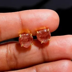 Authentic Natural Strawberry Quartz Heart Stud Earrings 925 Sterling Silver Stone Jewelry