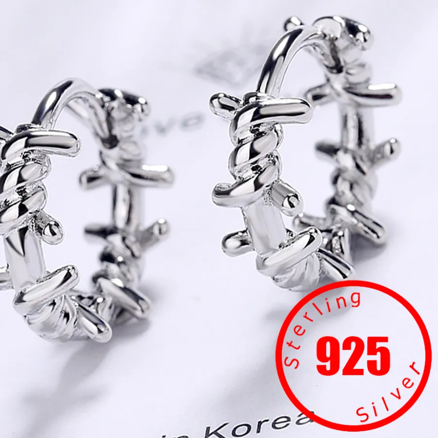 Authentic Real Stamp 925 Sterling Silver Hoop Earring Barbed Wire Ear Cuff Clip On Earrings Wedding Party For Women Girl Teen Jewelry