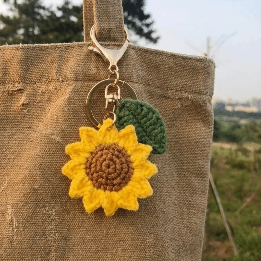 Authentic Fabric Crochet Sunflower Pendant With Rope Lobster Clasp Knitted Keychain Lightweight Cotton Bag Lanyard Charm Backpack Decor