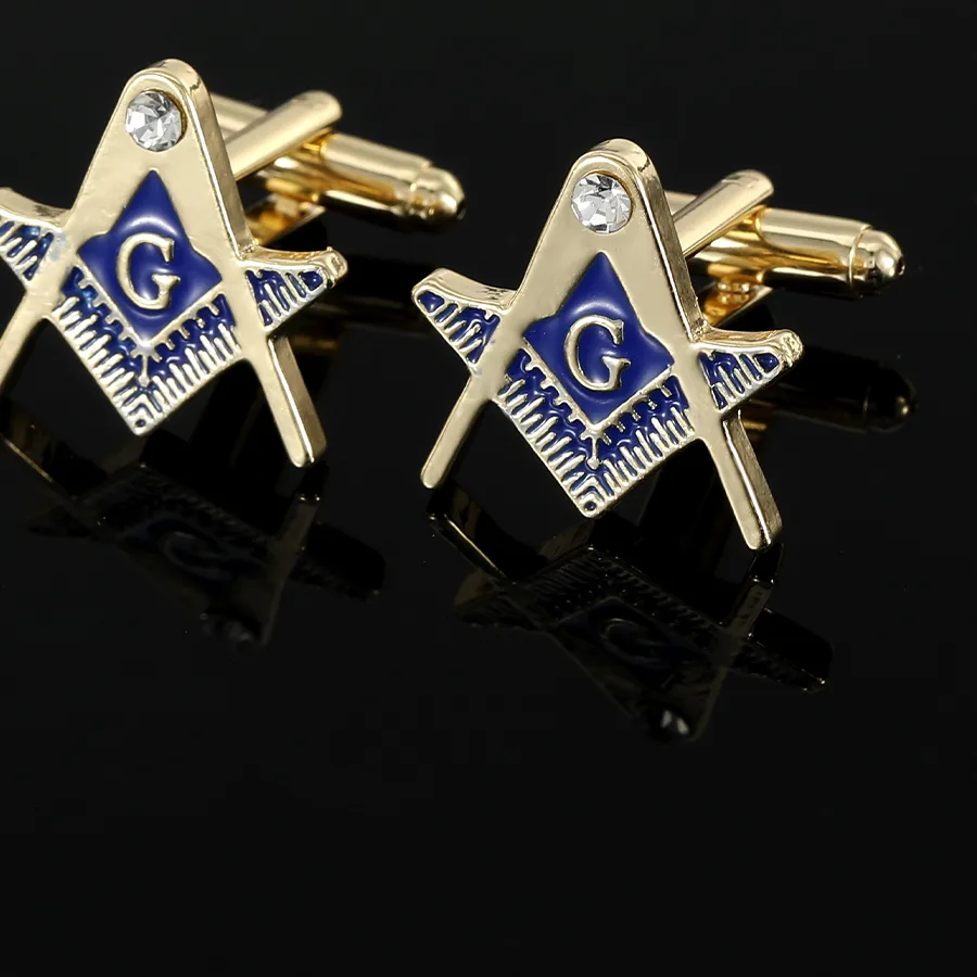 Authentic Blue Masonic Mason Compasses Crystal Cufflinks Freemason Tie Clip For Men Suit Shirt Jewelry