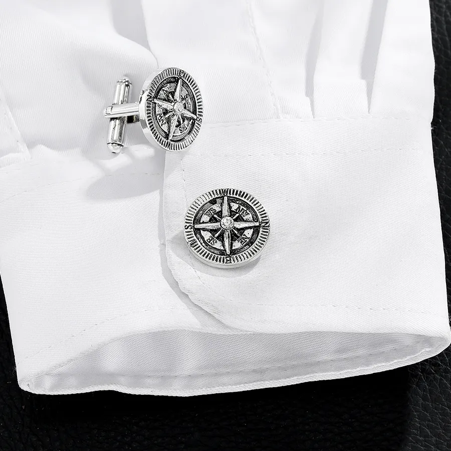 Authentic Vintage Mens Compass Design Round Cufflinks For Shirt Suit Tuxedo Blouse Jewelry Decoration