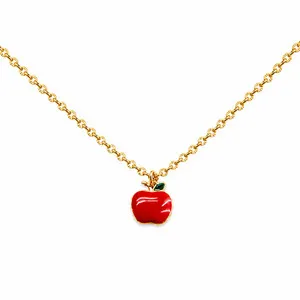 Authentic Red Apple Charm Necklace • 18k Gold Plated • Teacher • Etched Cable Chain