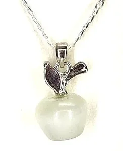 Authentic White Apple Pendant Necklace Cat Eye Stone, 18K White Gold Plated on Silver