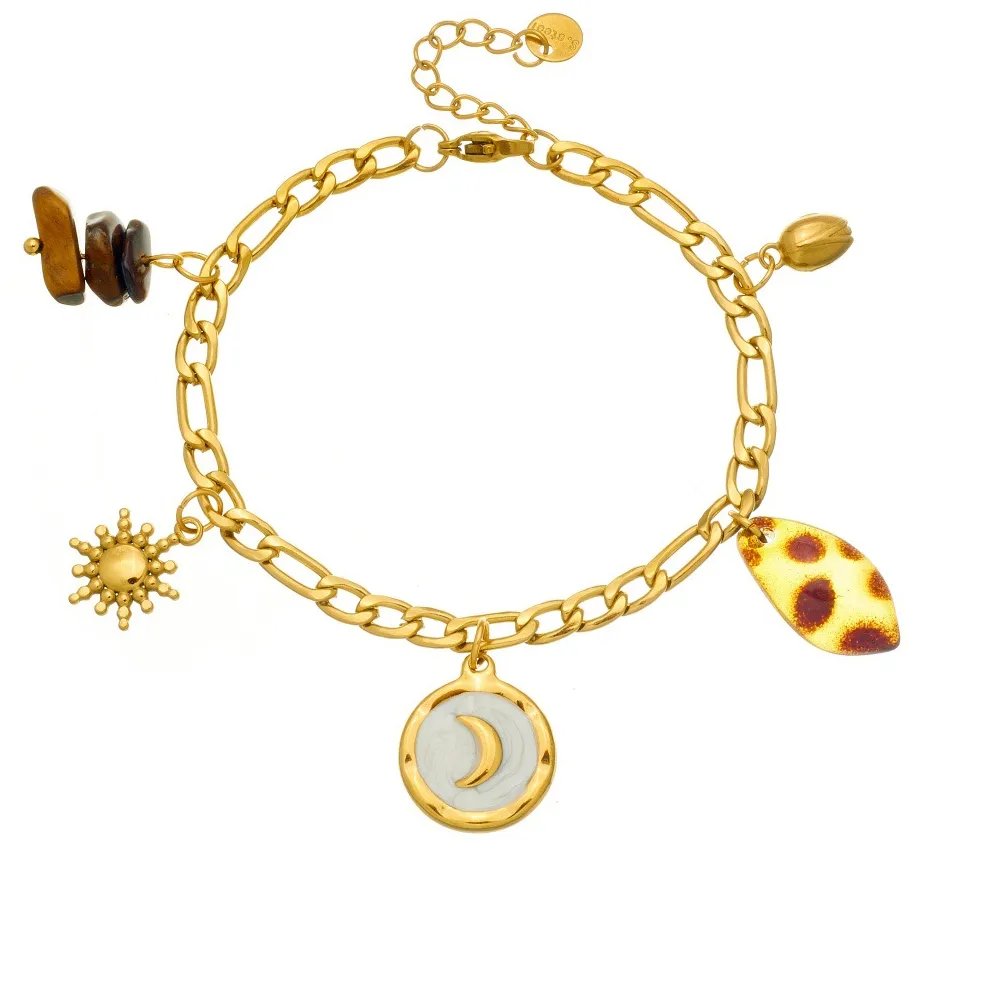 Authentic Boho Multi Bracelet Gold Link Chain Moon Shell Sun Leopard Leaf Stone Statement Bracelet