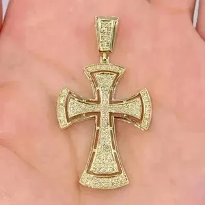 Authentic Divine Radiance: 2 Ct Round Cut Moissanite Men's Cross Pendant in 14K Yellow Gold Plated Silver