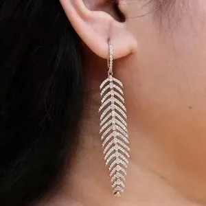 Authentic Celestial Feather Whispers Moissanite Dangle Earrings in 14k Rose Gold Plate