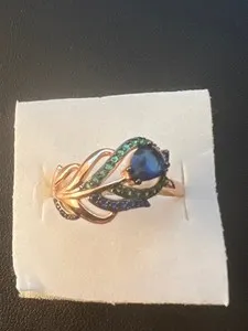Authentic The Gilded Plume: 14k Rose Gold Sapphire and Emerald Peacock Ring Size 9