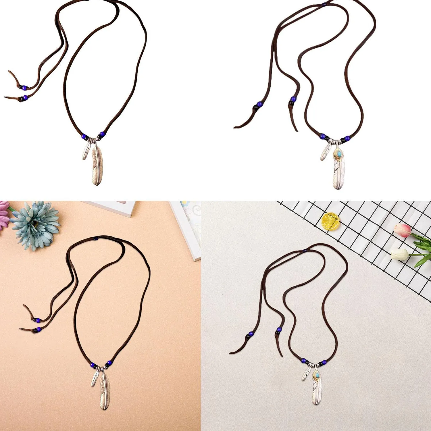 Authentic Indian Feather Pendant Necklace Girls Adjustable Pu Leather Choker Jewelry For