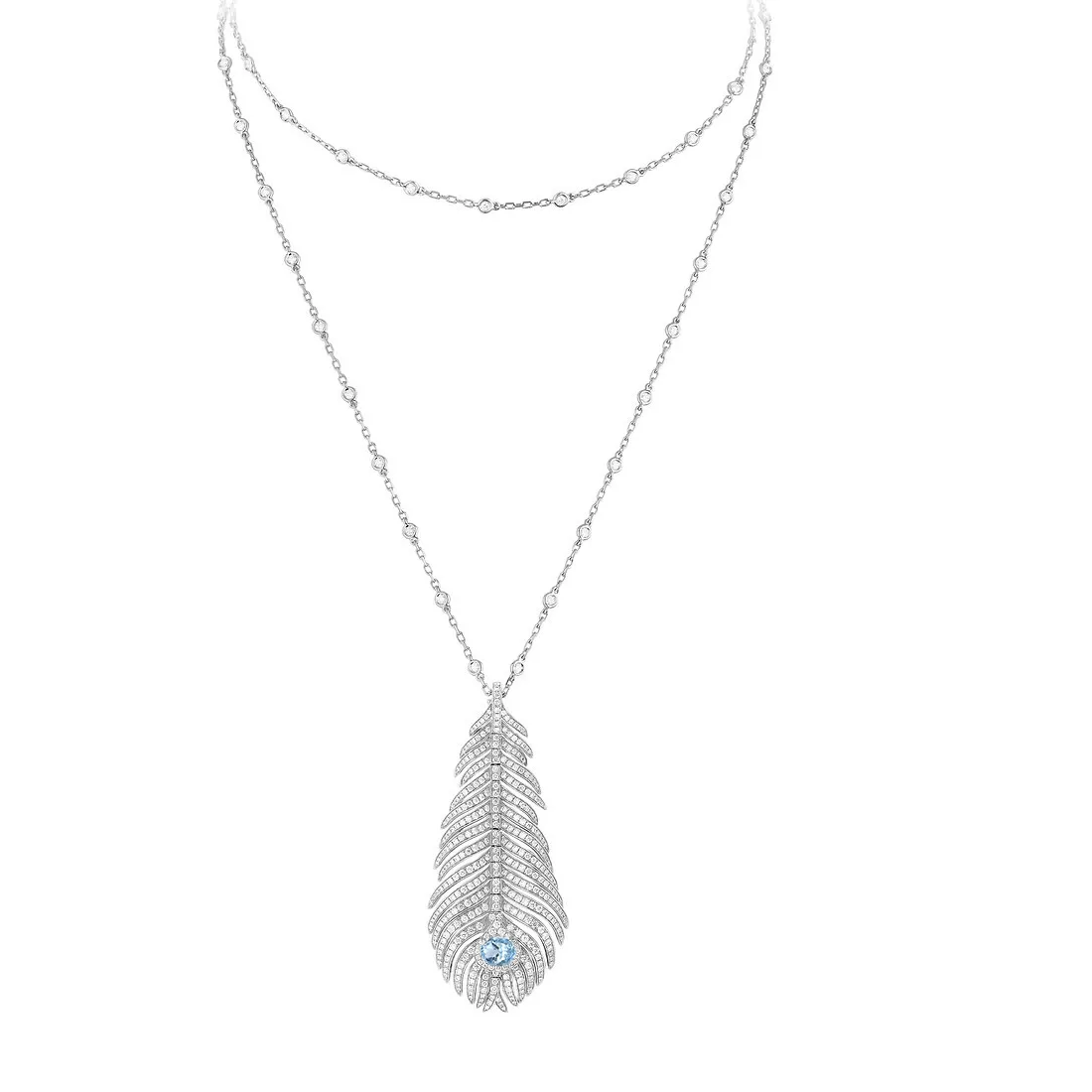 Authentic Elegant Layered Feather Pendant Necklace 925 Sterling Silver Artificial Aquamarine Fine Jewelry for Women's Birthday Party Gifts