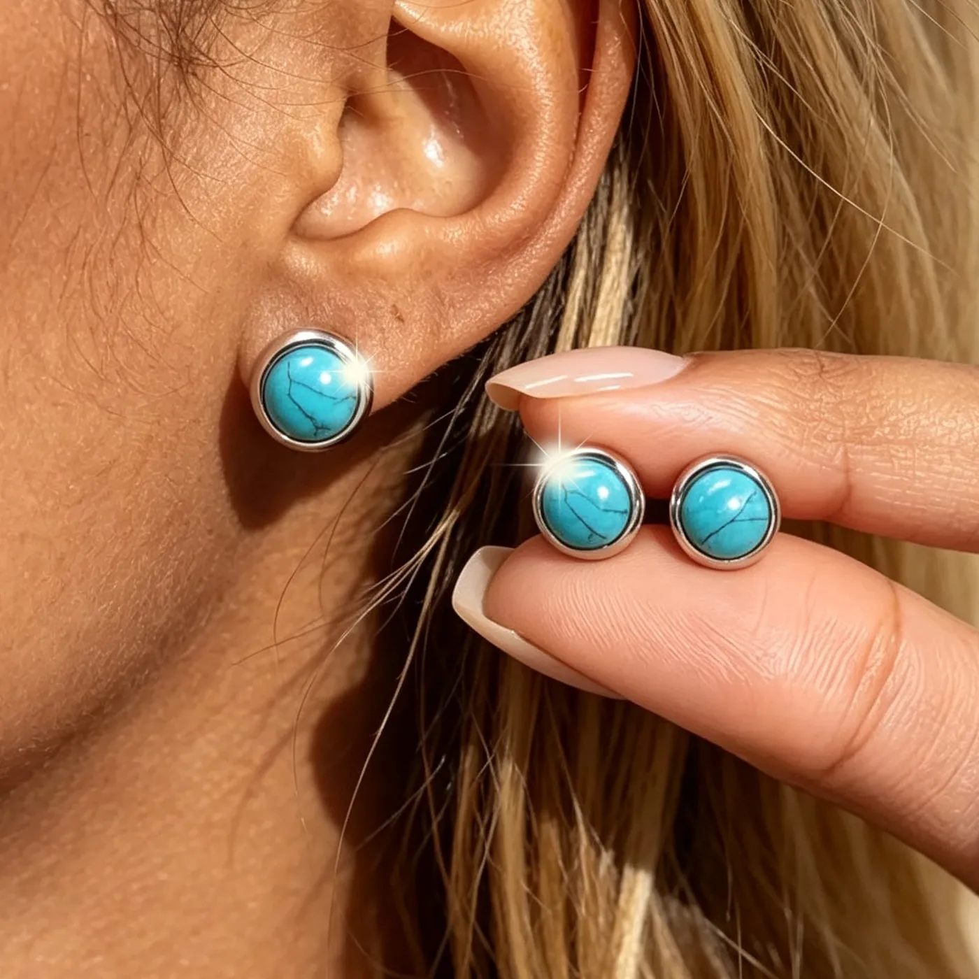 Authentic 316L Bohemian Round Turquoise Screw Stud Earrings Hypoallergenic Tarnish Free Vintage for Women Men Ear Jewelry
