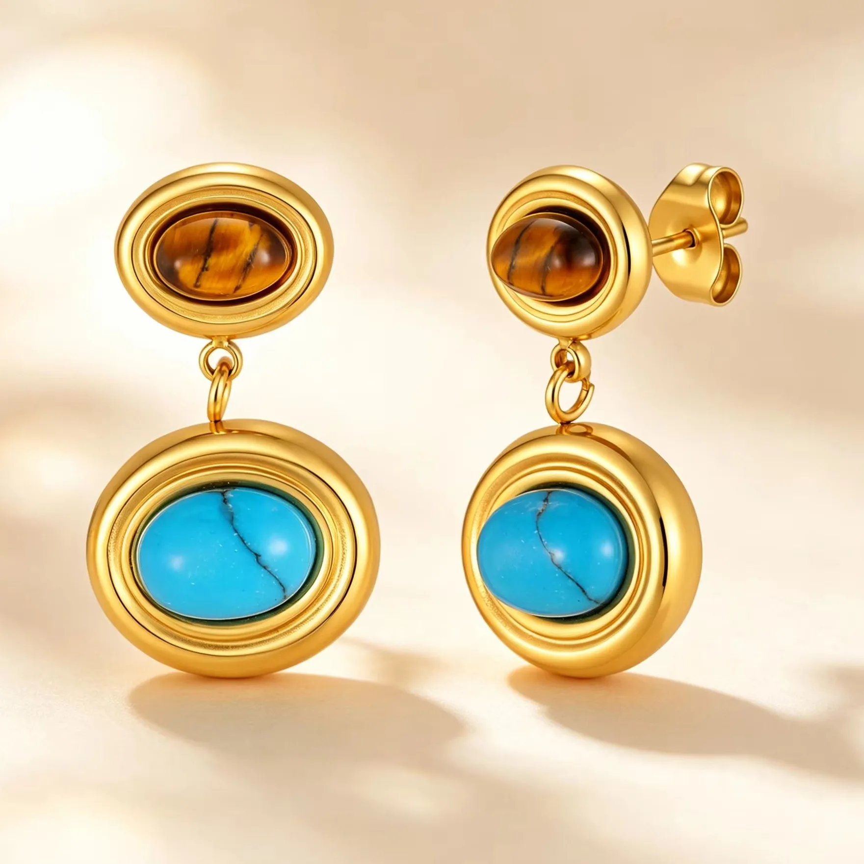 Authentic Vintage Natural Stone Dangle Stud Earrings for Women Double Oval Turquoise Tiger Eye Earrings Daily Boho Retro Drop Ear Jewelry