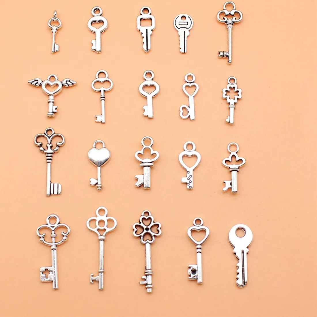 Authentic 20pcs Antique Silver Color Key Charms Collection For DIY Jewelry Making, 20 Styles, 1 of Each