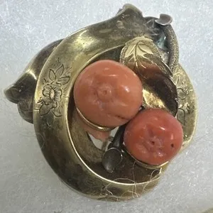 Authentic Antique Gold Plated Carved Coral Fruit Victorian Brooch Pin